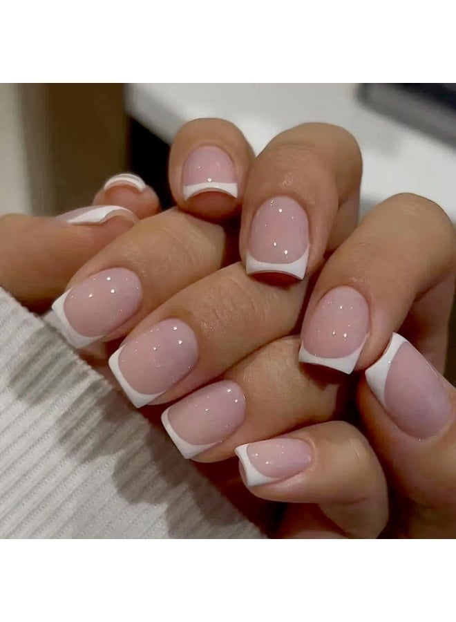 JOSQUEWNN 24pcs Press On False Nails,Short Pink Square White French Nail Art Sheets,Can Be Reused.Fake Acrylic Nails With Glue Kit. - Image 1